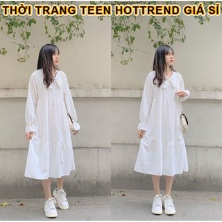 Váy babydoll dáng dài trắng cổ nơ phong cách cute Hàn quố dành cho nữ