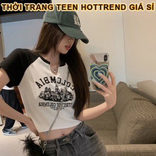 Áo croptop COLOMBIA in trước ngực phối tay janglang