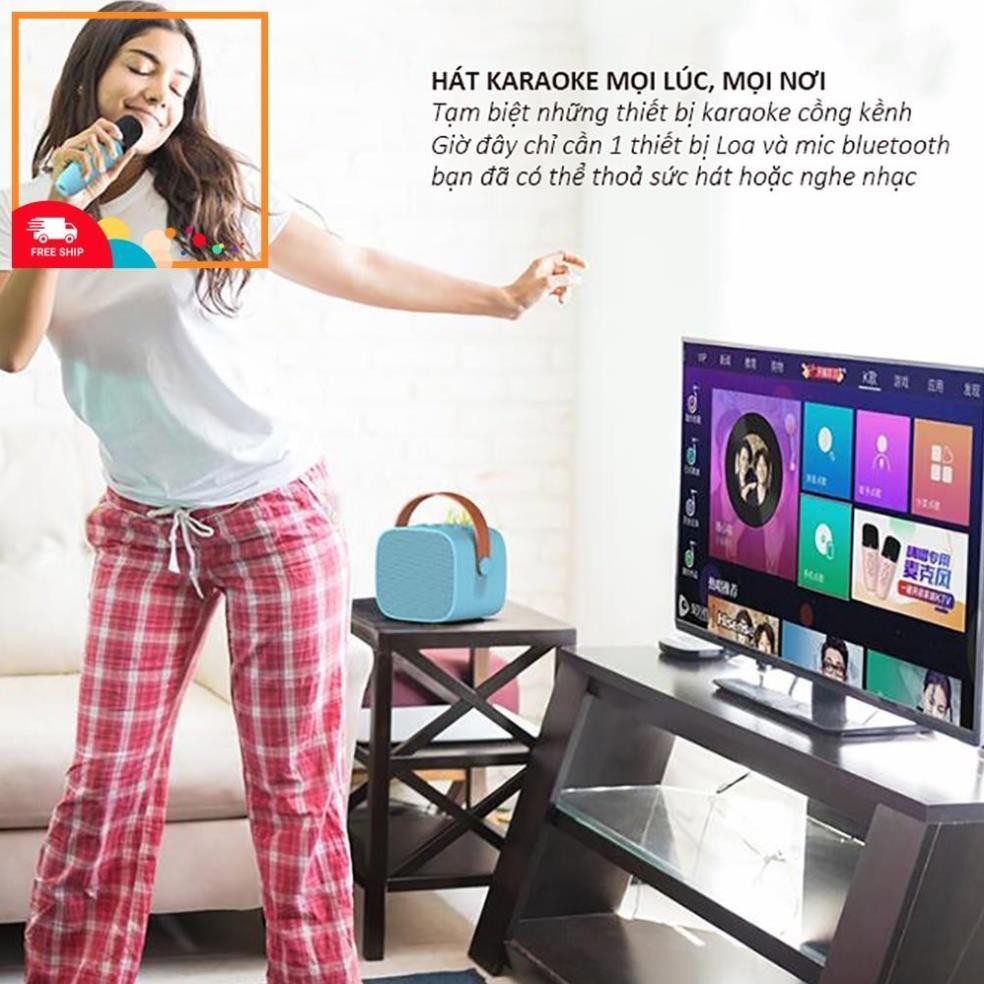 f0wK1 Karaoke Loa Bluetooth Mini Tặng Kèm Micro Hát Không Dây Có Tay Cầm  Bass Hay