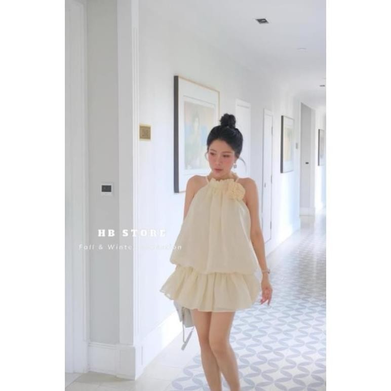[ HOT ] Váy Hoa Thêu Linen Cổ Yếm Kèm Hoa Dáng Suông Hàng 2 Lớp Siêu Xinh V13 | BigBuy360 - bigbuy360.vn