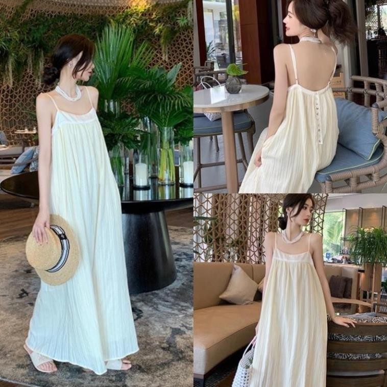 [ HOT ] Váy Maxi 2 Dây Be Khuy Sau Dáng Suông Hàng 2 Lớp, Đầm Maxi Nữ Đi Biển (Váy Có Quai Chỉnh Có Túi Bên) V07