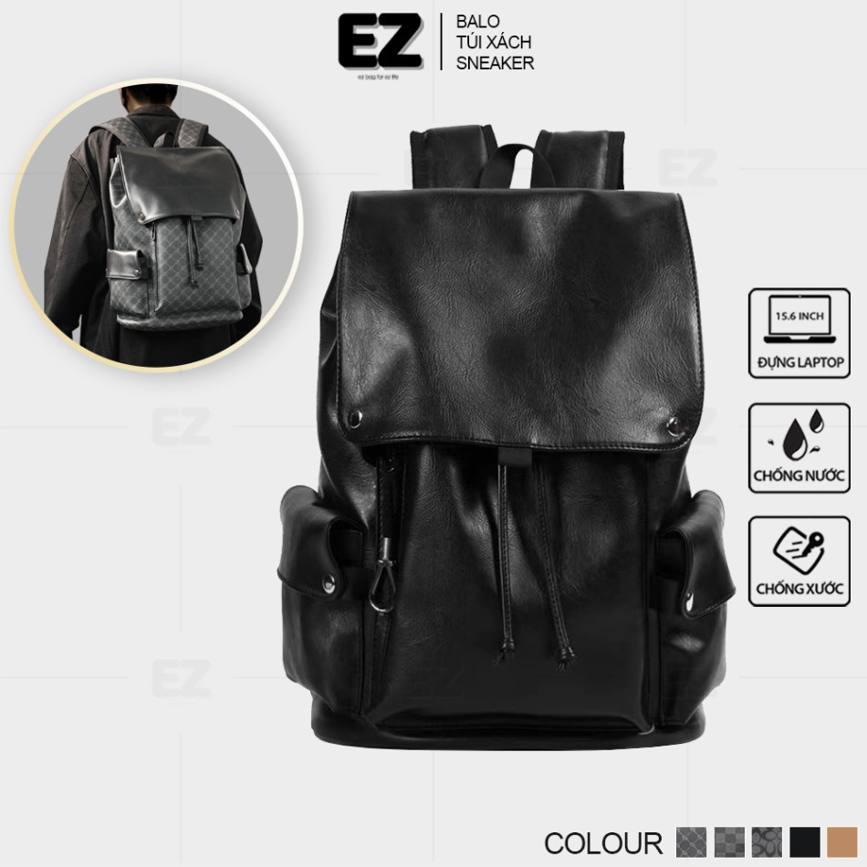 Balo da PU cao cấp đi học du lịch thời trang đựng laptop 15.6 inch màu đen nâu xám EZ BALO BLD16 Cặp đi học da nắp gập -