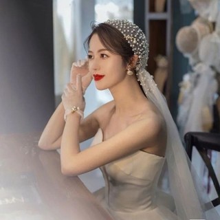 Ngọc trai rừng phong cách có mũ trùm đầu gạc cô dâu veil master đám cưới ảnh studio influencer chụp ảnh tạo kiểu gạc mũ đội đầu ảnh siêu cổ tích retro