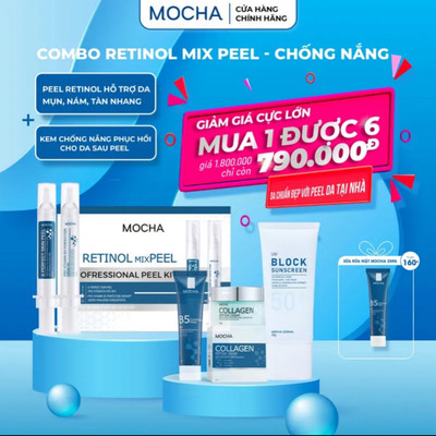 COMBO Peel Da mocha Và Kem Chống Nắng Phục Hồi ,Gồm Bộ Retinonl Mix Peel Và Kem Chống Nắng