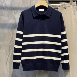  Áo Len Nam Cổ Polo Dài Tay Chất Liệu Len Cotton Áo Len Cotton Phối Kẻ Ngang Phong Cách Trẻ Trung Năng Động 