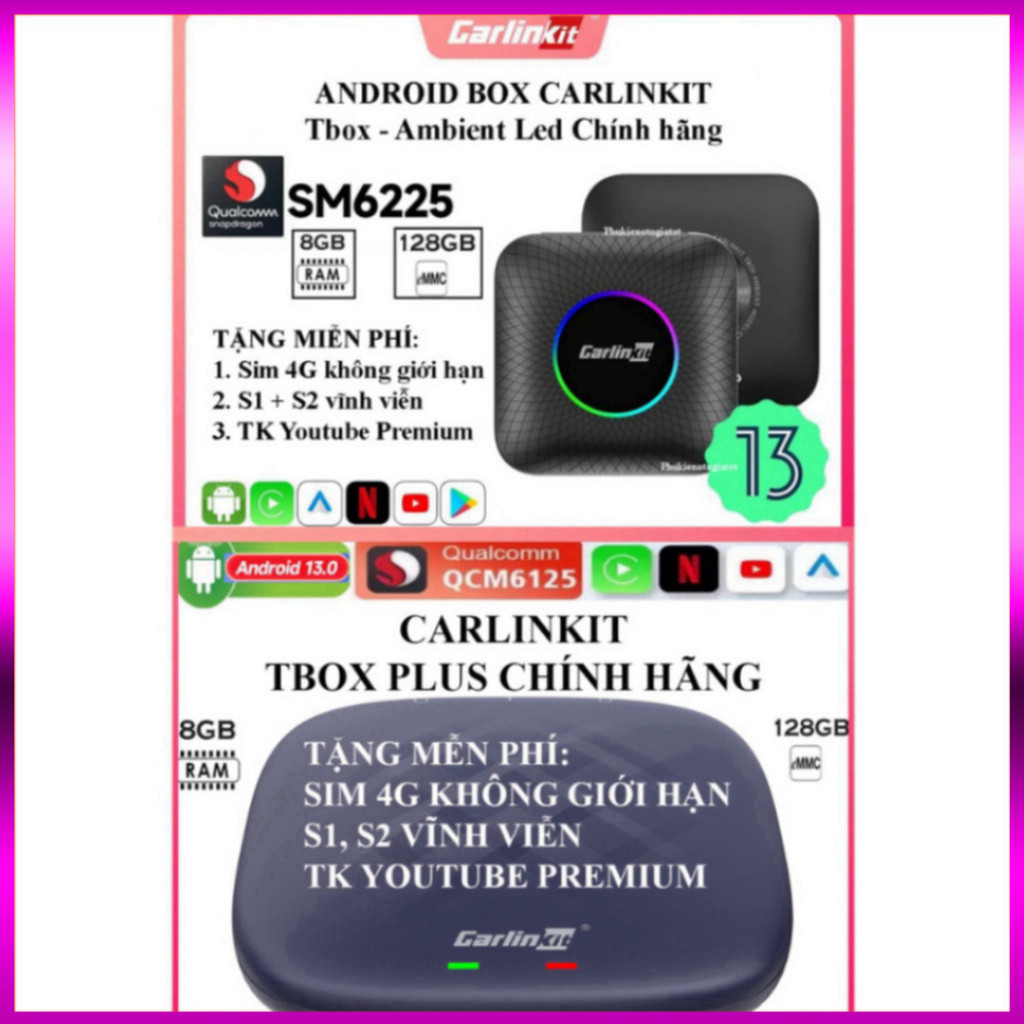 Carplay Android Box ô tô Carlinkit Tbox Ambient Led Qualcomm 6225, Tbox Plus Qualcomm 6125 tặng Vietmap S2 .... - giảm g