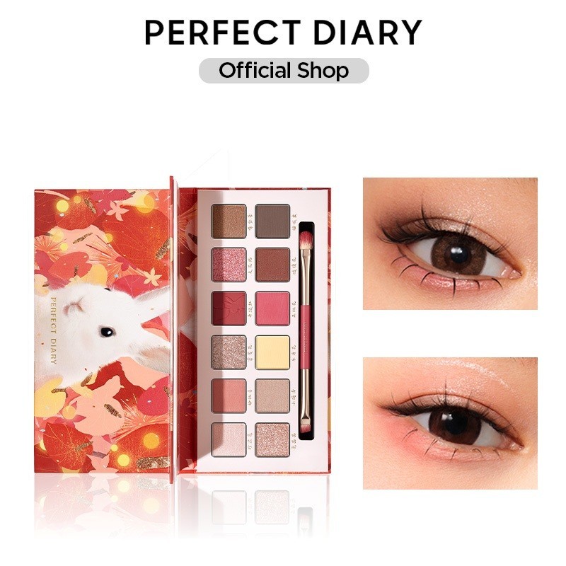 Bảng phấn mắt PERFECT DIARY 12 màu sắc hiệu ứng ánh nhũ lấp lánh kèm cọ trang điểm 14g | BigBuy360 - bigbuy360.vn