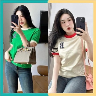 Áo thun nữ cổ tròn tay ngắn  thêu chữ B cổ và tay áo phối màu thun borip thái M162
