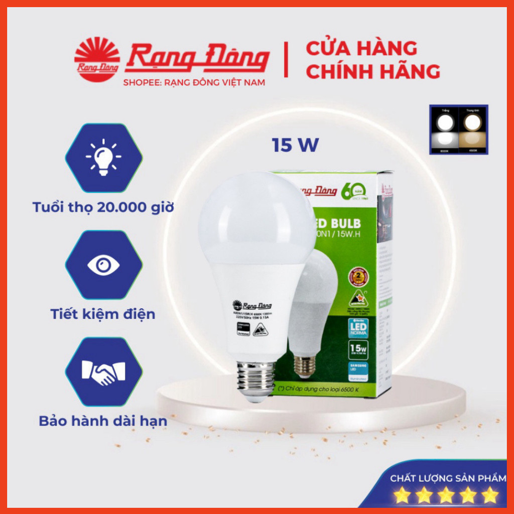 Bóng LED BULB A tròn 15W  Rạng Đông,ánh sáng trắng vàng, bh 2 năm, tiết kiệm điện MODEL Bulb A 15W