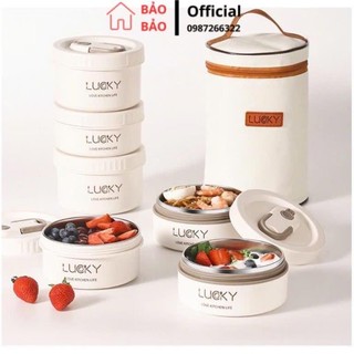 Hộp cơm giữ nhiệt 3 tầng lucky kèm thìa dĩa túi đựng tiện lợi