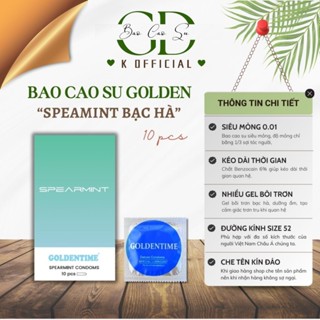 [Che tên] Bao cao su Siêu mỏng GOLDENTIME Spearmint Cổ thắt Nhiều gel Kéo dài thời gian Hương bạc hà Size 52mm