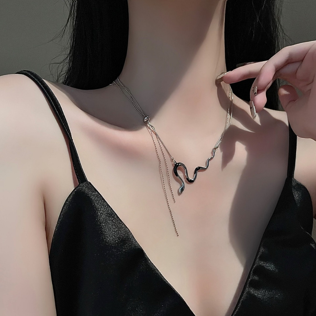🍒🍒Cherrykoko Vòng cổ Hai Lớp Hình Rắn Đính Kim Cương Thời Trang Dành Cho Nữ