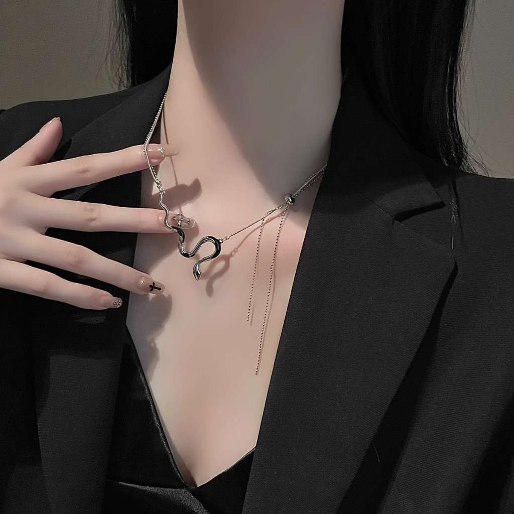 🍒🍒Cherrykoko Vòng cổ Hai Lớp Hình Rắn Đính Kim Cương Thời Trang Dành Cho Nữ