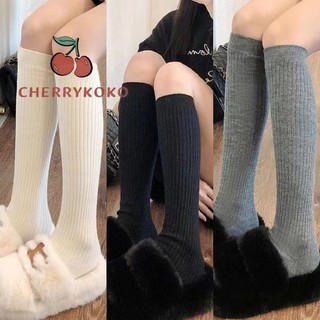 🍒🍒CHERRYKOKO Vớ Dài Đến Đầu Gối Bằng Len Họa Tiết Kẻ Sọc Trắng Đen Xám Phong Cách JK Cổ Điển Cho Nữ