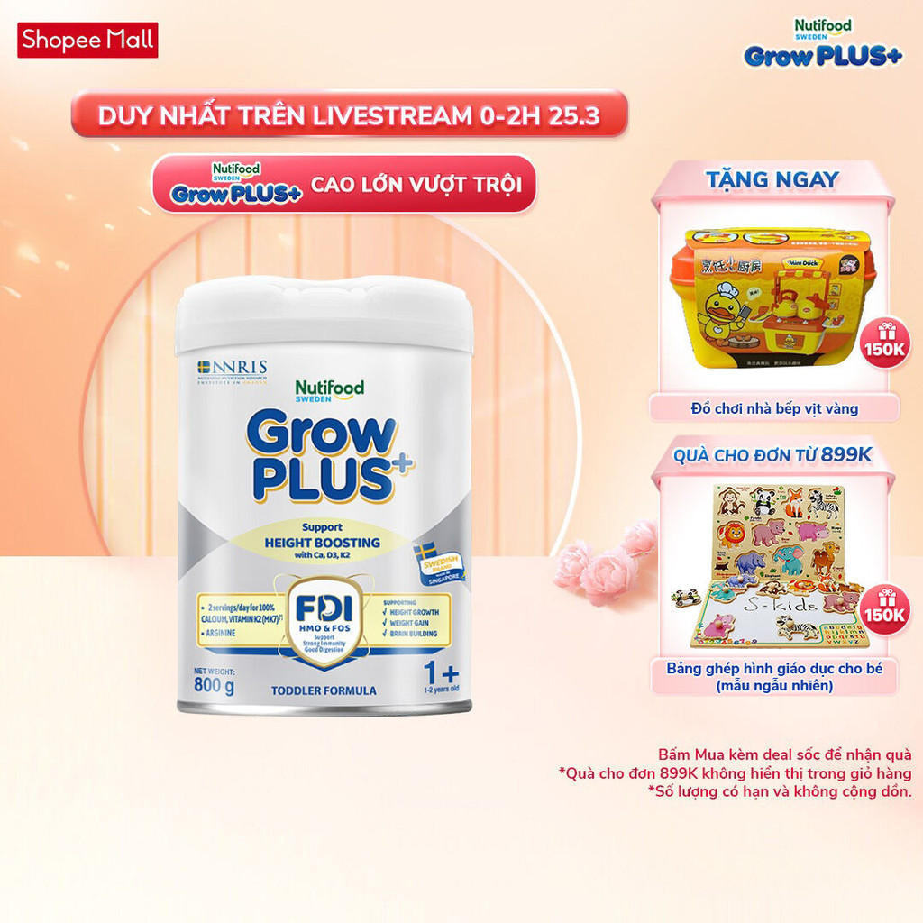 Sữa Bột Nutifood Sweden GrowPLUS+ Cao lớn vượt trội (Bạc) 800g