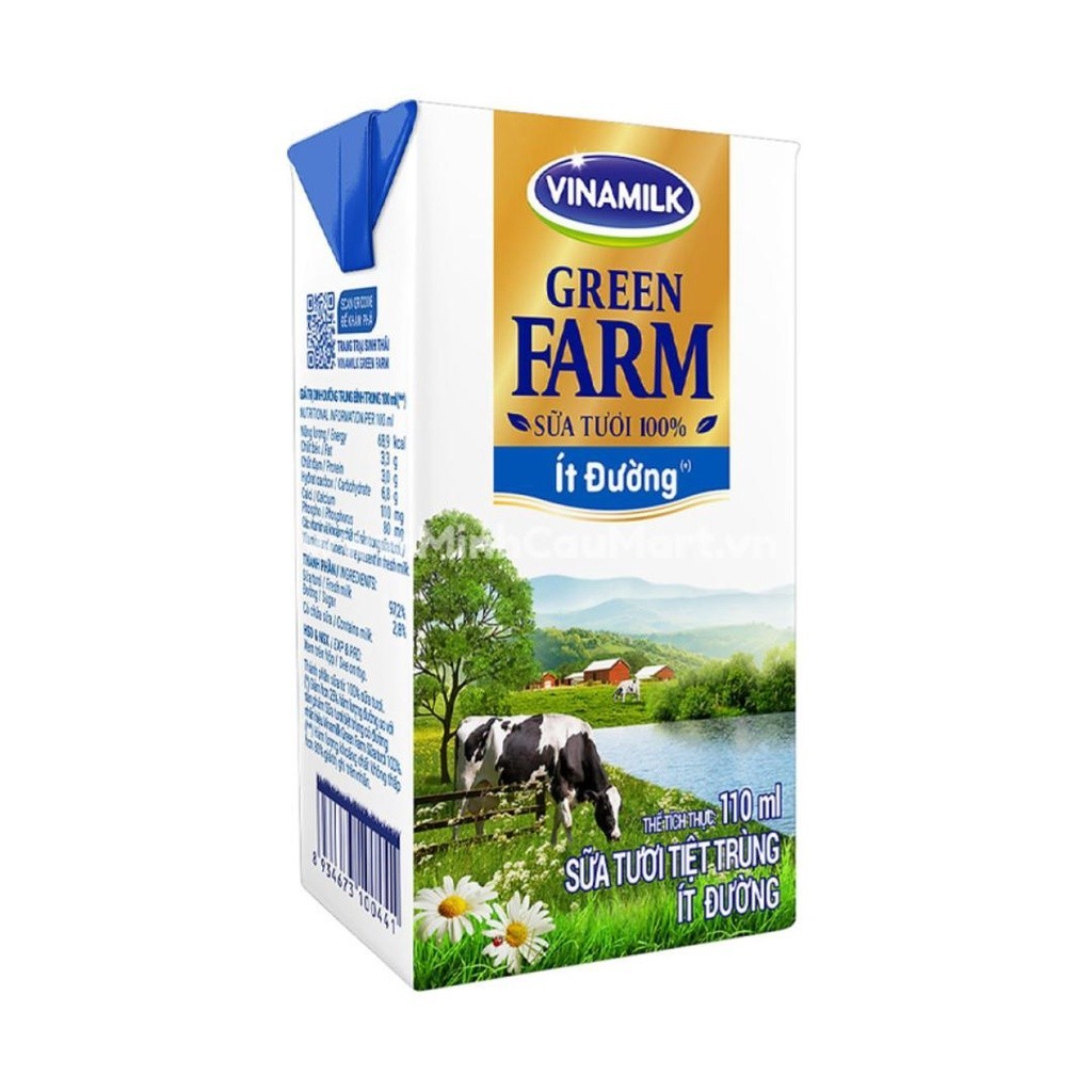 (Ship2h) Sữa Tươi 100% Tiệt Trùng Ít Đường, Green Farm, Pasteurised Milk, Less Sugar (110ml) - VINAMILK