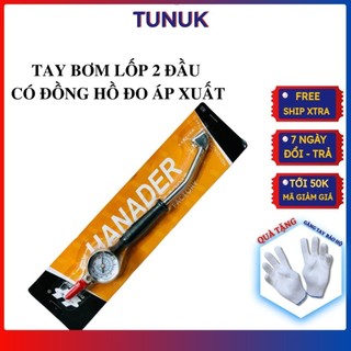 Tay bơm lốp cong 2, xoáy ti van đầu Tunuk bơm lốp ô tô , xe máy có đồng hồ
