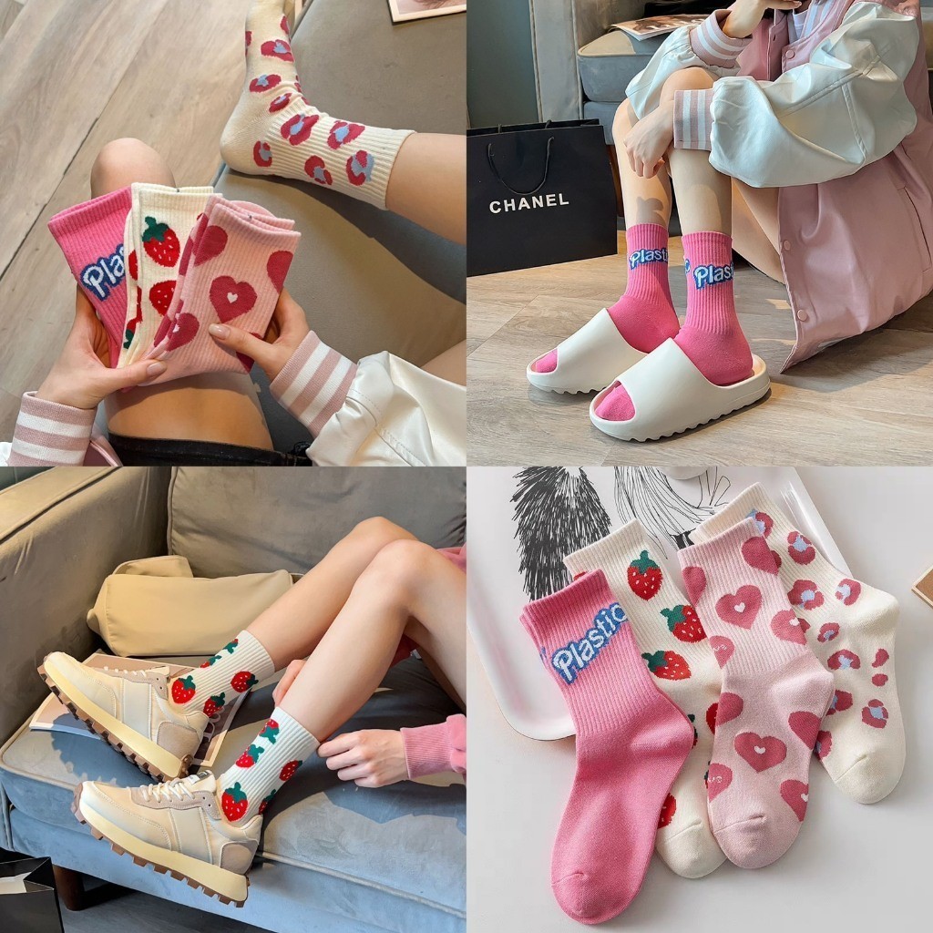 Set 5 Đôi Tất Cổ Cao Hoạ Tiết Tim Dâu Màu Pink Cho Nữ Mẫu Mới Cực Hot Trend