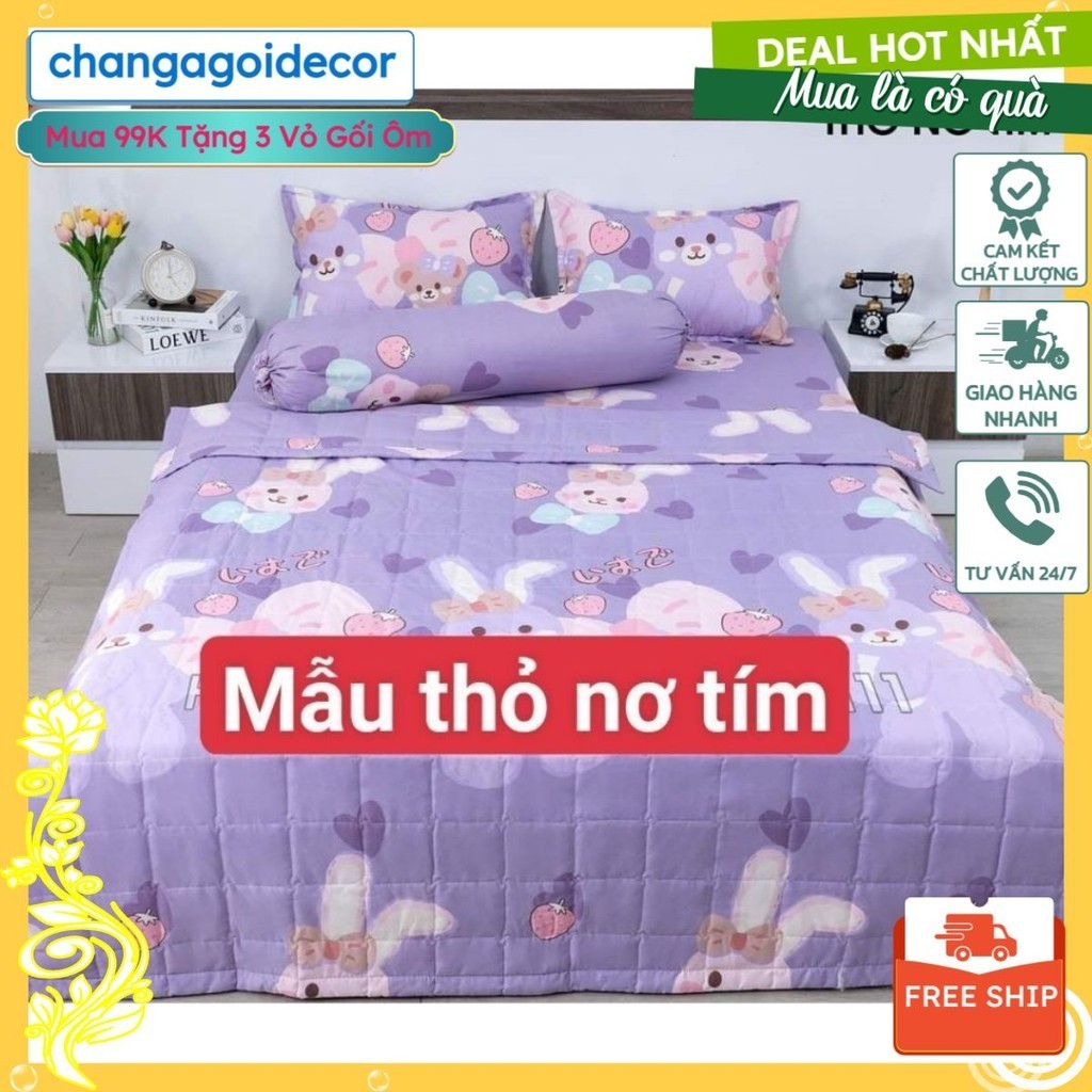 Bộ Ga Gối 4 Món Kèm Vỏ Ôm 1mx2m,1m4x2m,1m6x2m, mẫu thỏ nơ tím