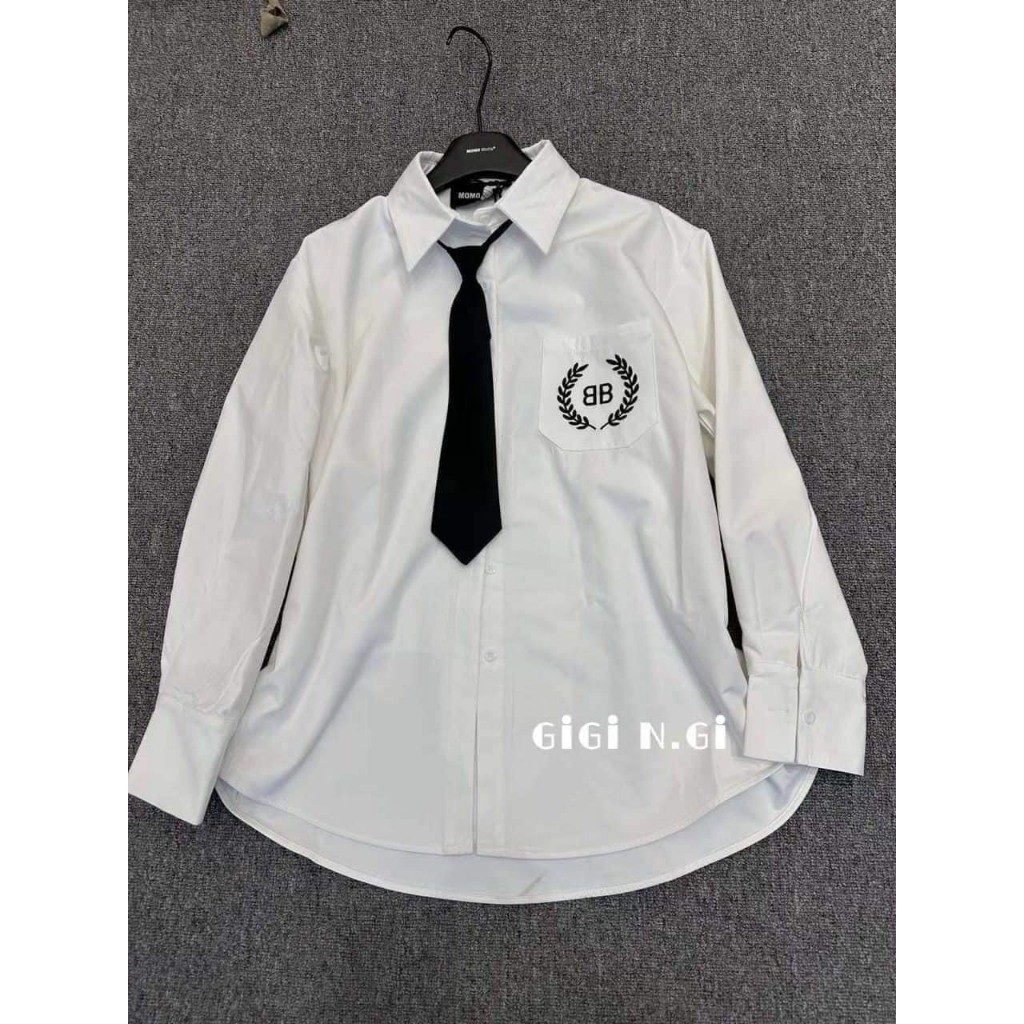Áo Sơ Mi Nữ , Áo Sơ Mi From Rộng Họa Tiết Chữ B Kèm Cà Vạt Kiểu Dáng Tiểu Thư Sang Chảnh | BigBuy360 - bigbuy360.vn