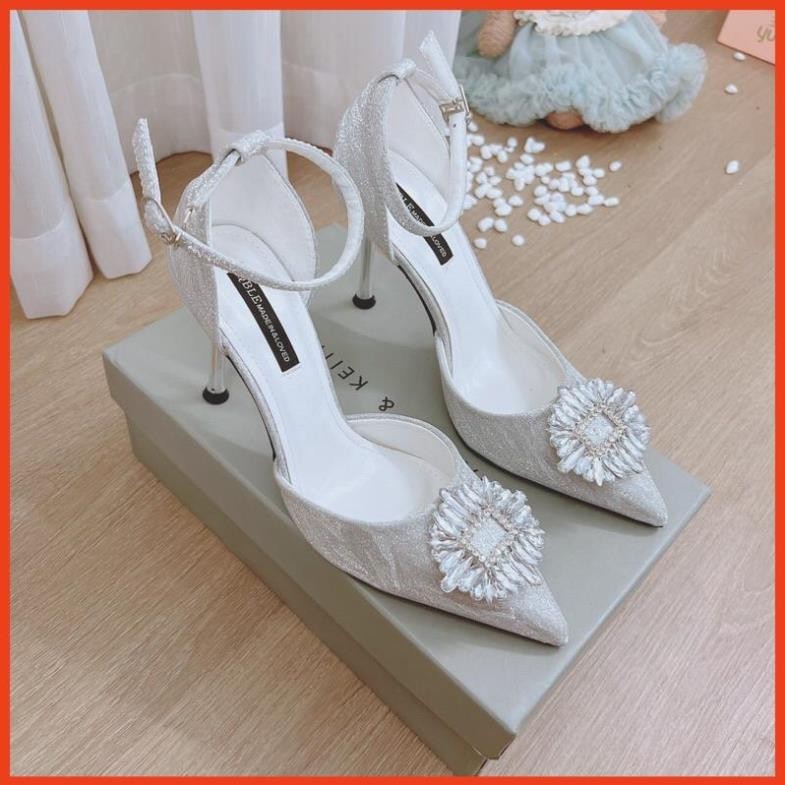 Giày cao gót bít mũi hậu bít gắn hiệu đá tròn lấp lánh sang trọng tiểu thư tiệc | GiayXinhXinh.Store