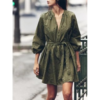 Zara made in Morocco đầm xanh thêu đột hoa - Luumooc