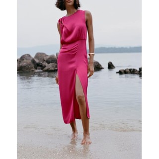 Zara made in Morocco đầm midi lụa đỏ hồng xinh xẻ đùi tôn chân dài - Luumooc