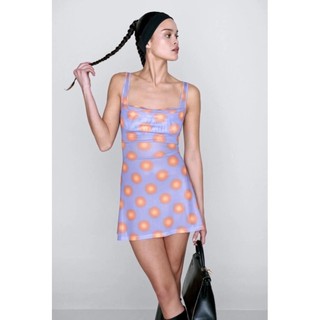 Zara full tag made Morocco đầm 2 dây mini body họa tiết hoa tím cam xinh đẹp - Luumooc