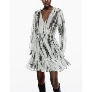 Zara đầm dáng xòe dài tay họa tiết loang đen trắng thời trang Zara made in Morocco full tag