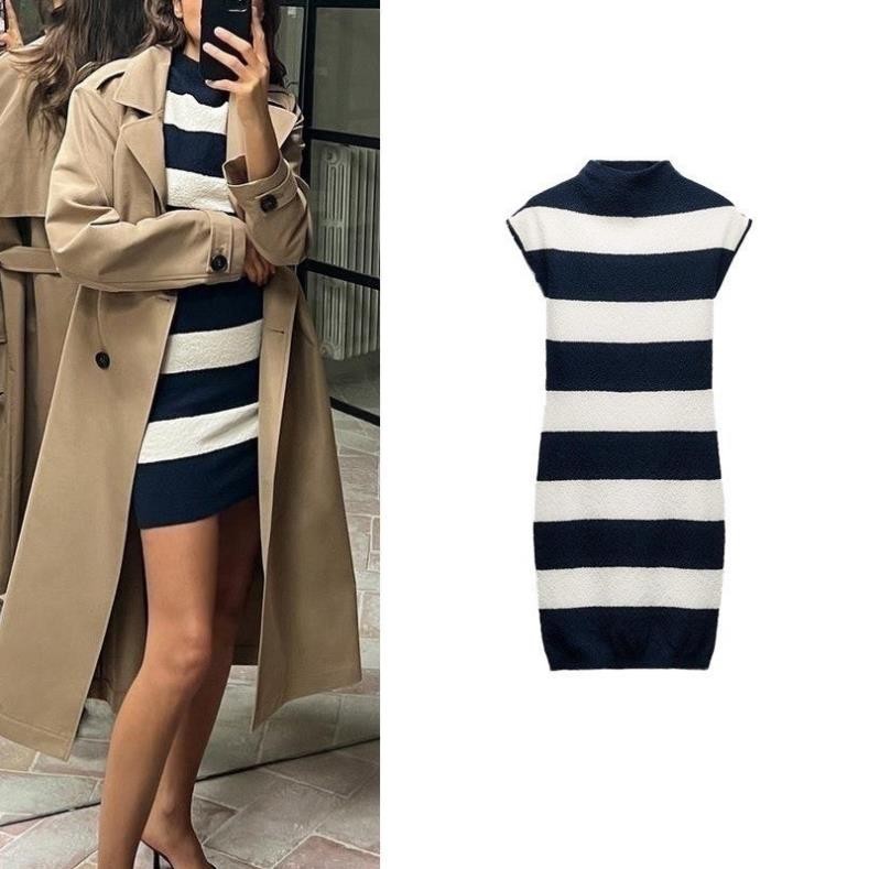 Zara đầm dệt kim trắng đen kết hợp trẻ trung Zara made in Morocco full tag