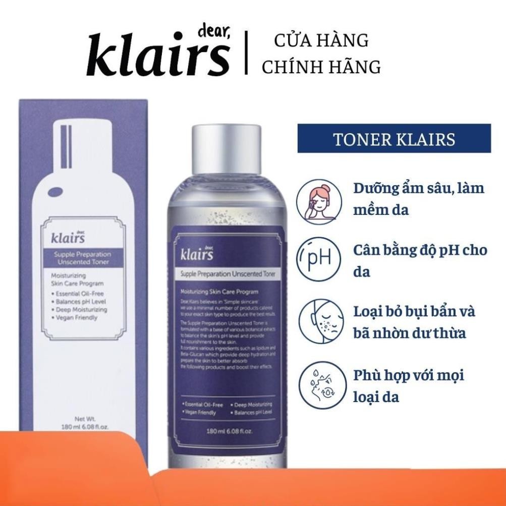 Nước hoa hồng không mùi Klairs Supple Preparation Unscented Toner 180ml