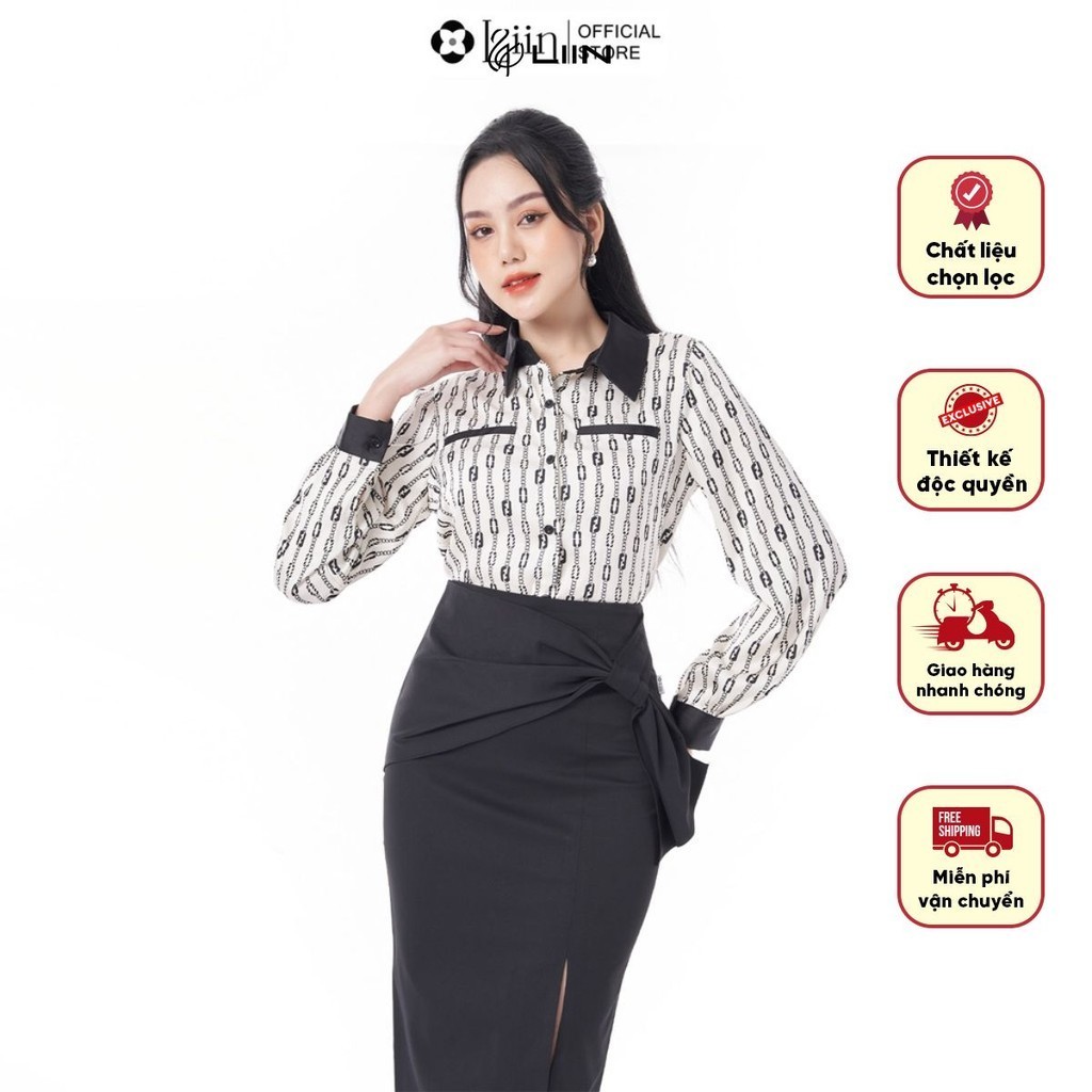 Áo sơ mi nữ dài tay linbi thiết kế phối họa tiết xích kiểu dáng trẻ trung thanh lịch liin clothing SM4436