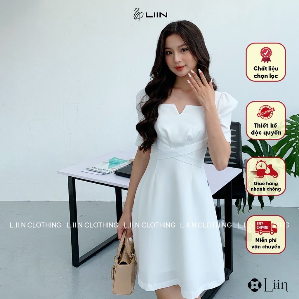 Đầm nữ cao cấp Linbi dáng suông màu thiết kế cổ vuông liin clothing D6640