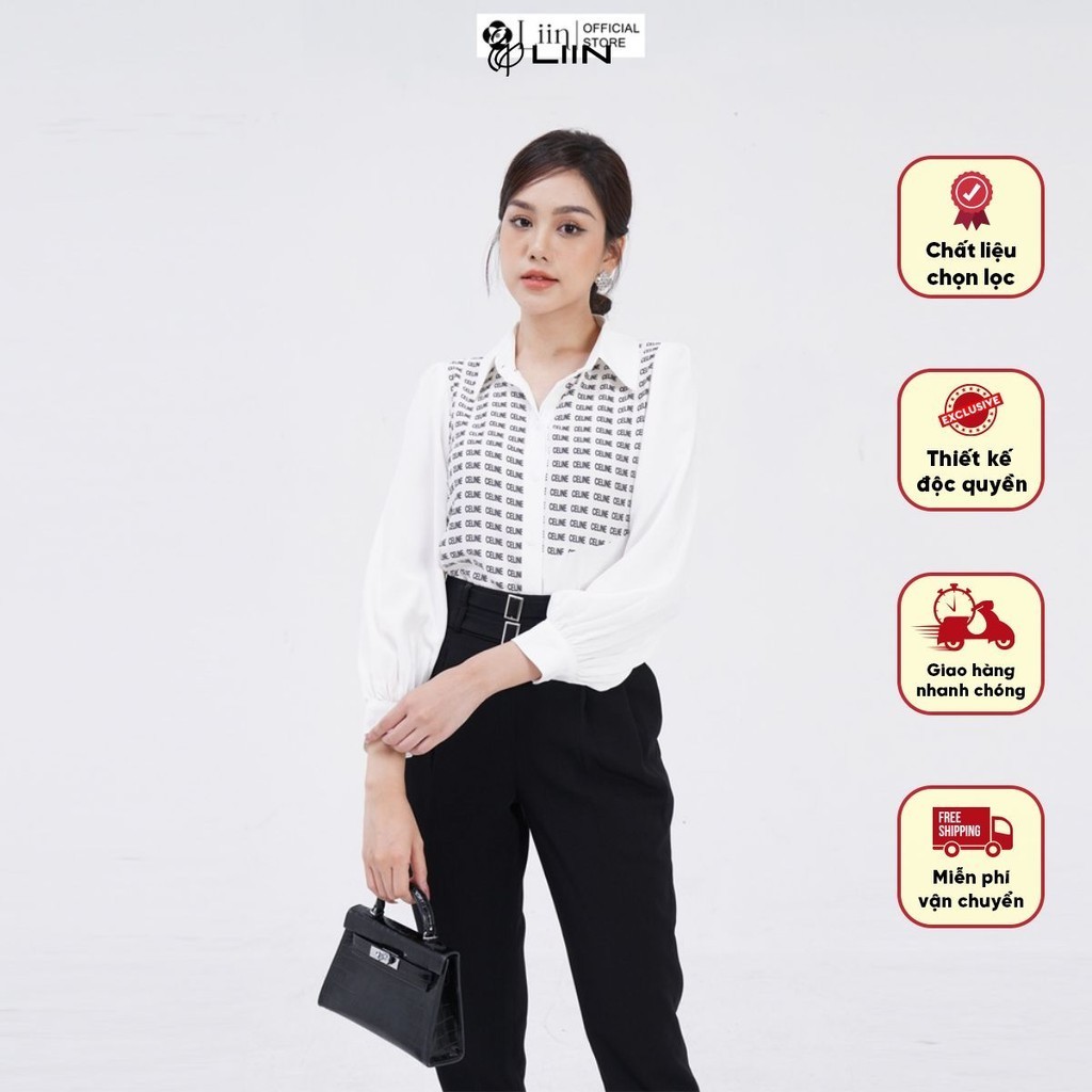 Áo sơ mi công sở linbi thiết kế dài tay phối họa tiết chữ cách điệu tay phồng liin clothing SM4648