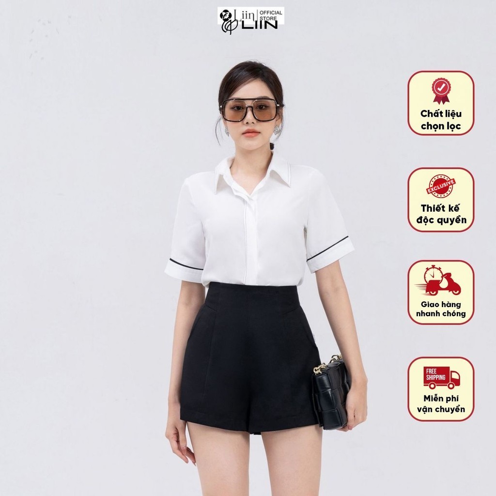 Áo sơ mi cộc tay Linbi chất liệu vải đũi mix trần chỉ thanh lịch, trẻ trung Liin Clothing SM4545