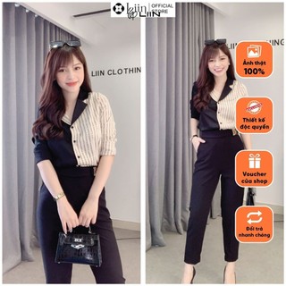 Áo sơ mi nữ màu Đen Be cao cấp phối Chữ kết hợp Cổ Vest sành điệu SM3060
