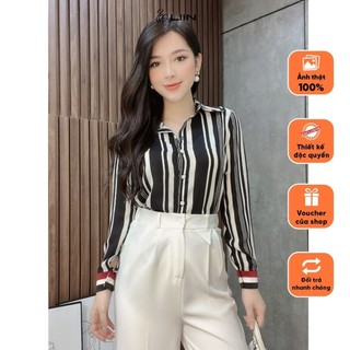 Áo sơ mi nữ họa tiết kẻ đen viền đỏ kiểu dáng trẻ trung, thanh lịch SM3971
