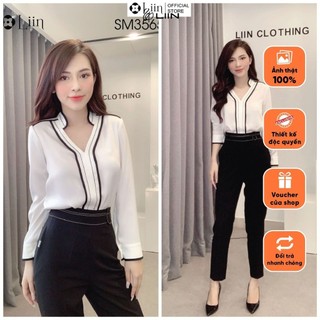 Áo sơ mi nữ dài tay form công sở màu Trắng Cổ Tàu kết hợp viền đen thanh lịch Liin Clothing SM3565