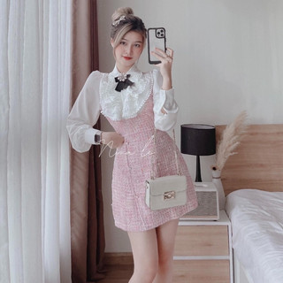 𝗩𝗶𝗱𝗲𝗼 𝗔̉𝗻𝗵 𝗧𝗵𝗮̣̂𝘁 ✔   Váy dạ nhũ phối sơmi 2 lớp cổ bèo ren về hàng cực xinh Chất dạ nh PN011