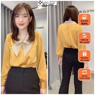 Áo kiểu nữ màu vàng mix cổ nơ dài tay chất vải lụa mặc mát ít nhăn dễ mix đồ Liin Clothing A2266