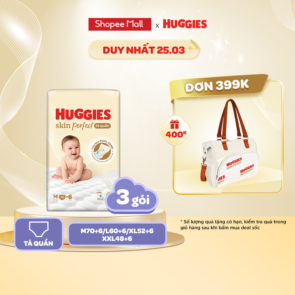 Thùng 3 gói Tã Bỉm quần Huggies Skin Perfect M L XL XXL Super Jumbo Với 2