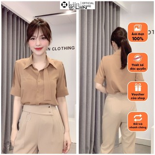 Áo sơ mi nữ Cộc tay màu Nâu Cavat kết hợp túi, viền tay thời thượng SM3561