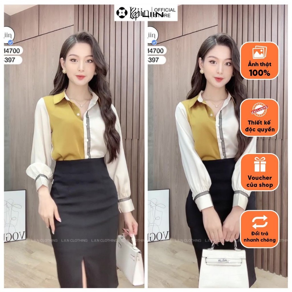 Áo lụa vàng phối nâu thanh lịch trẻ trung công sở Liin Clothing SM4700
