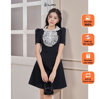 Đầm Tafta Xước Phối Ren Liin Clothing Màu Đen Sang Trọng Thanh Lịch - VAT096MIX-F23