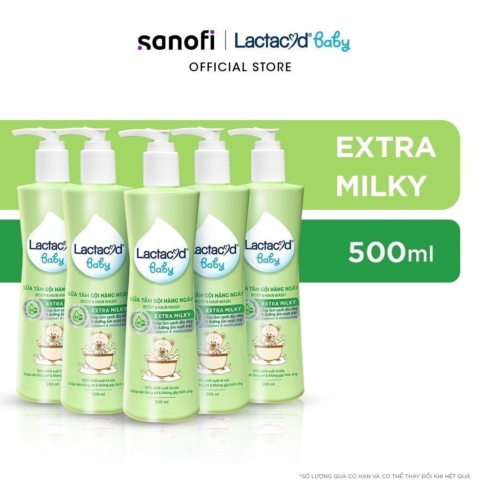Bộ 5 chai Sữa Tắm Gội Trẻ Em Lactacyd Baby Extra Milky Làm Sạch Dịu Nhẹ và