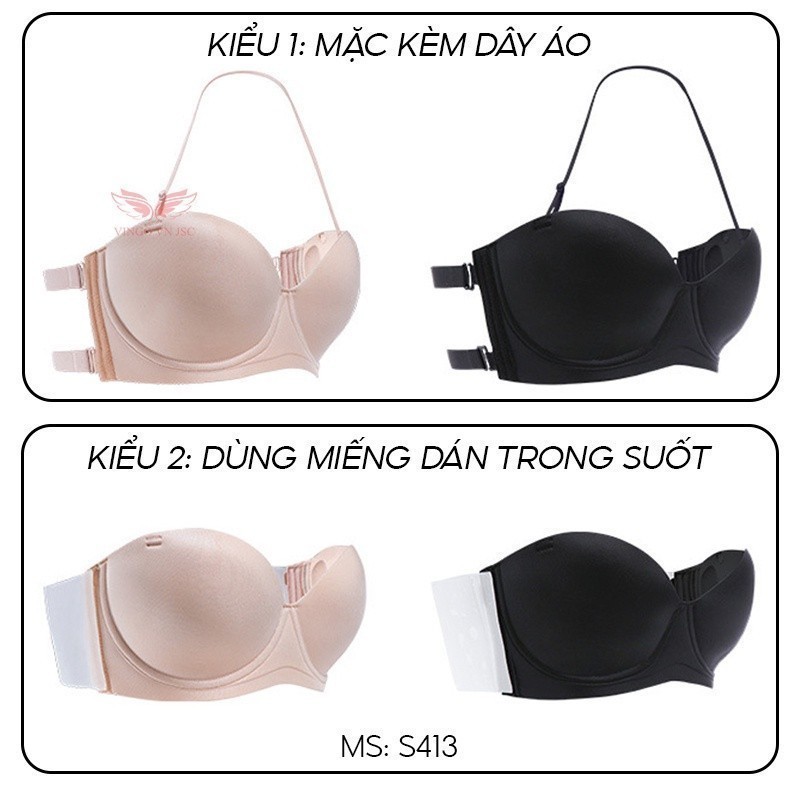 Áo ngực không dây chống tụt cup ngang VINGO kèm miếng dán silicon tàng hình mặc đầm hở lưng áo trễ vai sexy S413 VNGO