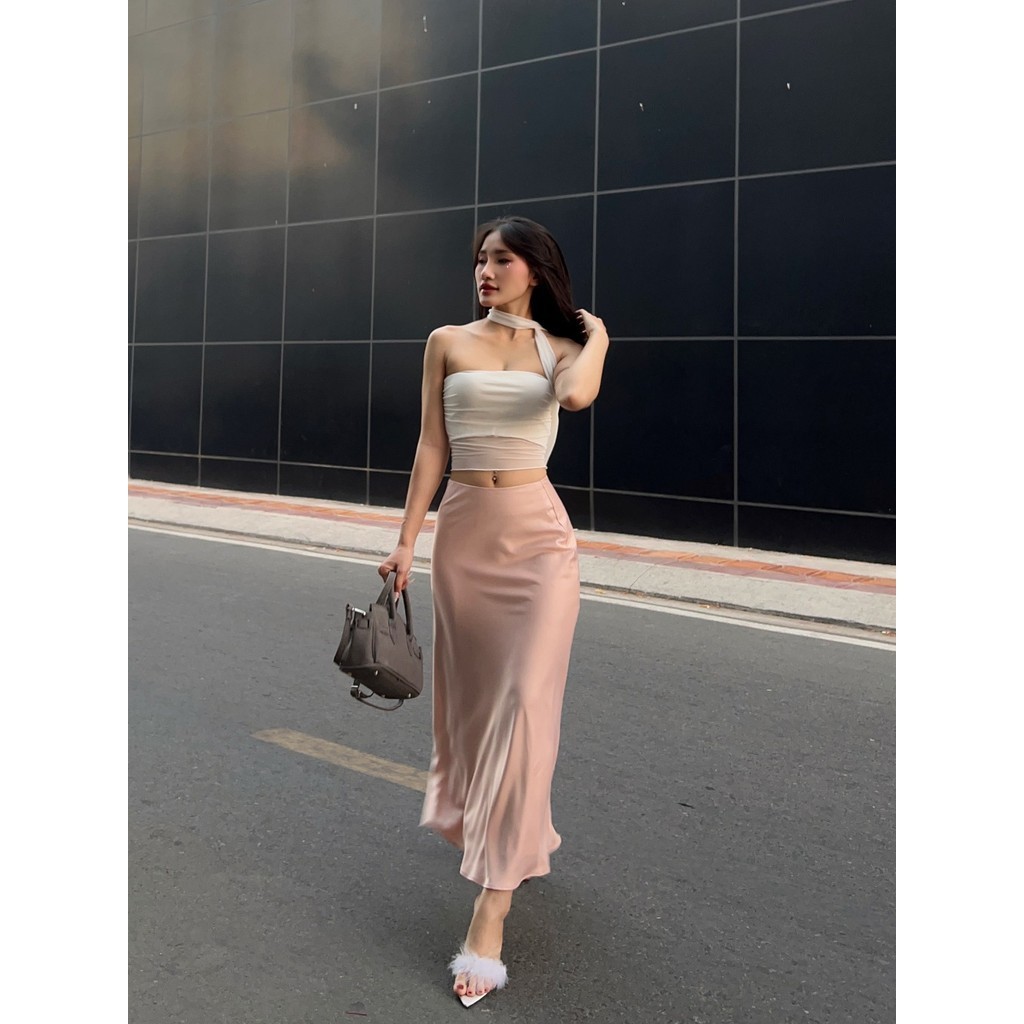 Chân váy lụa dài La Boutique cạp trễ hai lớp cao cấp