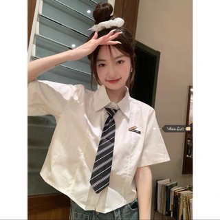 Áo sơ mi croptop thêu chữ kèm cavat metwo.dearu - áo sơ mi trơn basic qc dáng lửng ulzzang hàn quốc