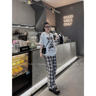 Set xiêm y Nữ áo cộc Trắng In Mickey Đen cộc tay Mix Quần Xuông Dài Kẻ Caro trắng đen Freesize