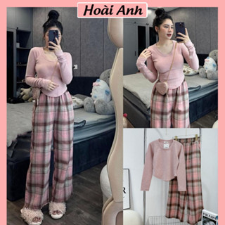 Set trang phục Nữ áo len ấm Tăm Hồng Croptop tay dài Ôm Body Mix quần sọc kẻ Caro Suông Dài Ống Rộng